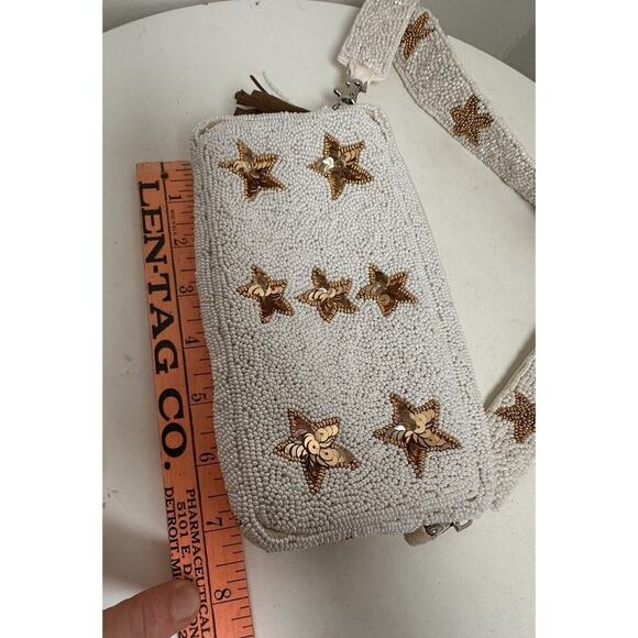 Beaded White Gold Star Crossbody Handbag Purse Rockstar Removeable Strap Bridal - Picture 14 of 16